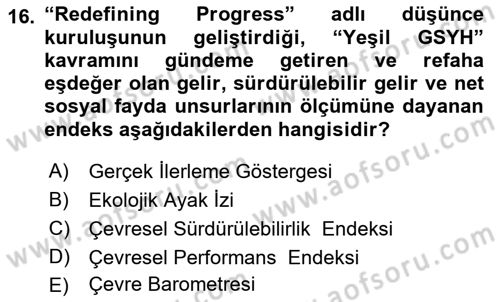 Doğal Kaynaklar ve Çevre Ekonomisi Dersi 2018 - 2019 Yılı Yaz Okulu Sınavı 16. Soru