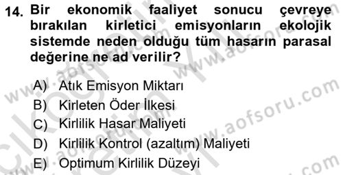 Doğal Kaynaklar ve Çevre Ekonomisi Dersi 2020 - 2021 Yılı Yaz Okulu Sınav Soruları 14. Soru