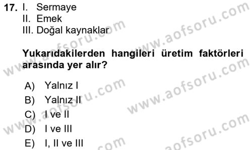 Doğal Kaynaklar ve Çevre Ekonomisi Dersi 2020 - 2021 Yılı Yaz Okulu Sınav Soruları 17. Soru
