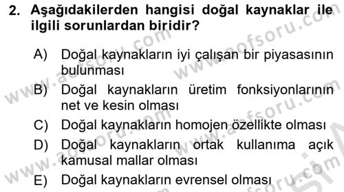 Doğal Kaynaklar ve Çevre Ekonomisi Dersi 2020 - 2021 Yılı Yaz Okulu Sınav Soruları 2. Soru