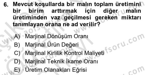 Doğal Kaynaklar ve Çevre Ekonomisi Dersi 2020 - 2021 Yılı Yaz Okulu Sınavı 6. Soru