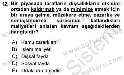 Doğal Kaynaklar ve Çevre Ekonomisi Dersi 2021 - 2022 Yılı (Vize) Ara Sınav Soruları 12. Soru