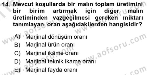 Doğal Kaynaklar ve Çevre Ekonomisi Dersi 2021 - 2022 Yılı (Vize) Ara Sınav Soruları 14. Soru