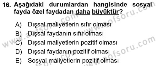 Doğal Kaynaklar ve Çevre Ekonomisi Dersi 2021 - 2022 Yılı (Vize) Ara Sınav Soruları 16. Soru