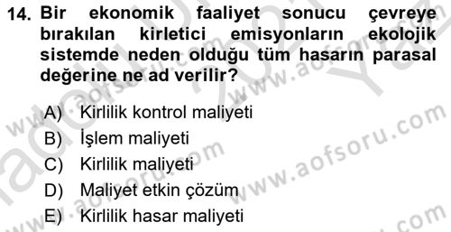 Doğal Kaynaklar ve Çevre Ekonomisi Dersi 2021 - 2022 Yılı Yaz Okulu Sınav Soruları 14. Soru