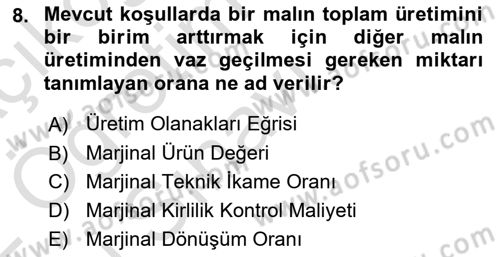 Doğal Kaynaklar ve Çevre Ekonomisi Dersi Yaz Okulu Sınavı Deneme Sınav Soruları 8. Soru
