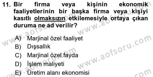 Doğal Kaynaklar ve Çevre Ekonomisi Dersi 2023 - 2024 Yılı (Vize) Ara Sınav Soruları 11. Soru