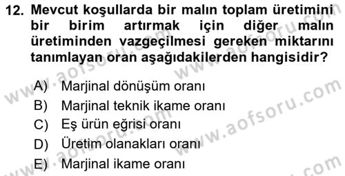 Doğal Kaynaklar ve Çevre Ekonomisi Dersi 2023 - 2024 Yılı (Vize) Ara Sınav Soruları 12. Soru