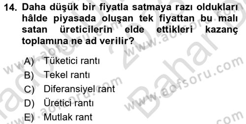 Doğal Kaynaklar ve Çevre Ekonomisi Dersi 2023 - 2024 Yılı (Vize) Ara Sınavı 14. Soru