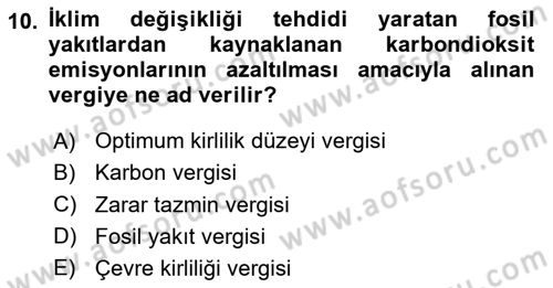 Doğal Kaynaklar ve Çevre Ekonomisi Dersi 2023 - 2024 Yılı (Final) Dönem Sonu Sınav Soruları 10. Soru