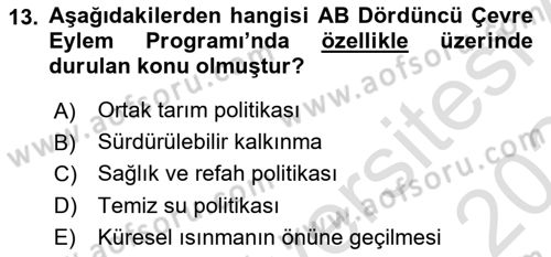 Doğal Kaynaklar ve Çevre Ekonomisi Dersi 2023 - 2024 Yılı (Final) Dönem Sonu Sınavı 13. Soru