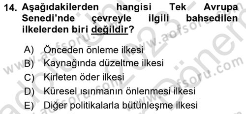 Doğal Kaynaklar ve Çevre Ekonomisi Dersi 2023 - 2024 Yılı (Final) Dönem Sonu Sınav Soruları 14. Soru