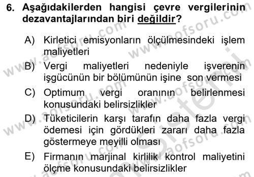 Doğal Kaynaklar ve Çevre Ekonomisi Dersi 2023 - 2024 Yılı (Final) Dönem Sonu Sınavı 6. Soru