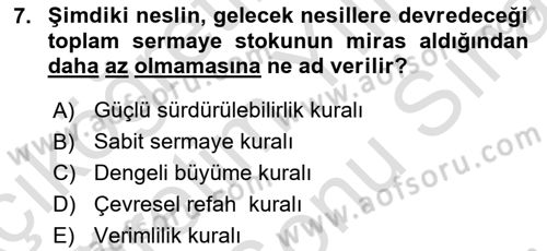 Doğal Kaynaklar ve Çevre Ekonomisi Dersi 2023 - 2024 Yılı (Final) Dönem Sonu Sınavı 7. Soru