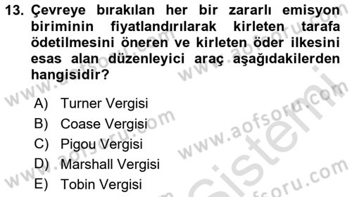 Doğal Kaynaklar ve Çevre Ekonomisi Dersi 2023 - 2024 Yılı Yaz Okulu Sınavı 13. Soru