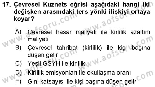 Doğal Kaynaklar ve Çevre Ekonomisi Dersi 2023 - 2024 Yılı Yaz Okulu Sınavı 17. Soru