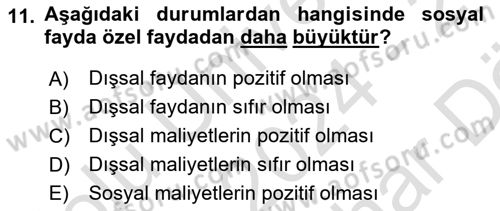 Doğal Kaynaklar ve Çevre Ekonomisi Dersi 2024 - 2025 Yılı (Vize) Ara Sınav Soruları 11. Soru