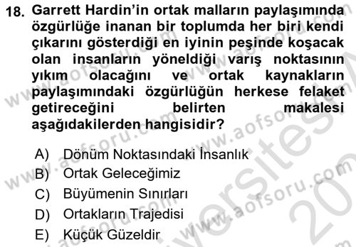 Doğal Kaynaklar ve Çevre Ekonomisi Dersi 2024 - 2025 Yılı (Vize) Ara Sınav Soruları 18. Soru