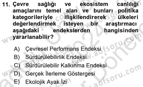 Doğal Kaynaklar ve Çevre Ekonomisi Dersi 2024 - 2025 Yılı (Final) Dönem Sonu Sınav Soruları 11. Soru
