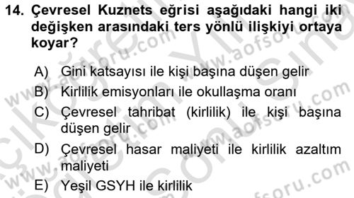 Doğal Kaynaklar ve Çevre Ekonomisi Dersi 2024 - 2025 Yılı (Final) Dönem Sonu Sınav Soruları 14. Soru