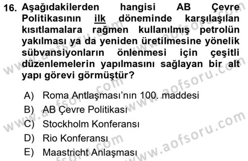 Doğal Kaynaklar ve Çevre Ekonomisi Dersi 2024 - 2025 Yılı (Final) Dönem Sonu Sınav Soruları 16. Soru
