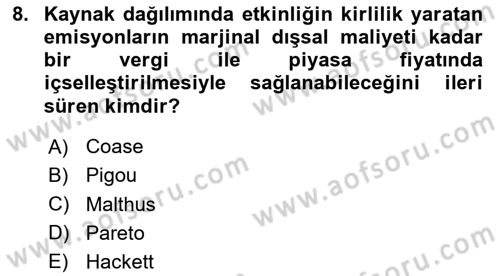 Doğal Kaynaklar ve Çevre Ekonomisi Dersi 2024 - 2025 Yılı (Final) Dönem Sonu Sınav Soruları 8. Soru