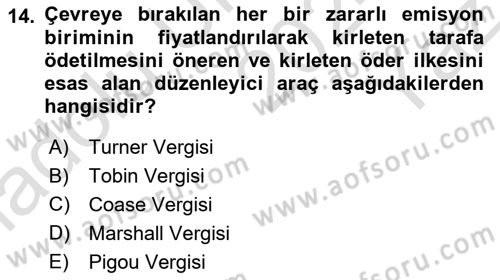 Doğal Kaynaklar ve Çevre Ekonomisi Dersi 2024 - 2025 Yılı Yaz Okulu Sınav Soruları 14. Soru