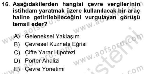Doğal Kaynaklar ve Çevre Ekonomisi Dersi 2024 - 2025 Yılı Yaz Okulu Sınav Soruları 16. Soru