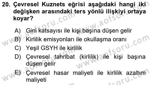 Doğal Kaynaklar ve Çevre Ekonomisi Dersi 2024 - 2025 Yılı Yaz Okulu Sınav Soruları 20. Soru