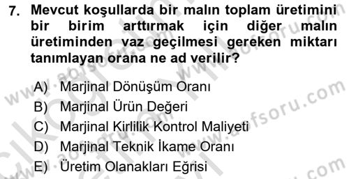 Doğal Kaynaklar ve Çevre Ekonomisi Dersi 2024 - 2025 Yılı Yaz Okulu Sınav Soruları 7. Soru