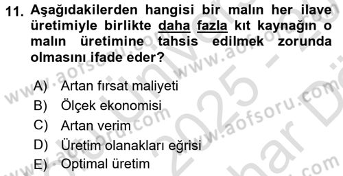 Doğal Kaynaklar ve Çevre Ekonomisi Dersi 2025 - 2026 Yılı (Vize) Ara Sınav Soruları 11. Soru