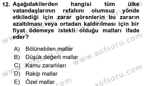 Doğal Kaynaklar ve Çevre Ekonomisi Dersi 2025 - 2026 Yılı (Vize) Ara Sınav Soruları 12. Soru