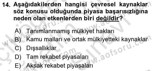 Doğal Kaynaklar ve Çevre Ekonomisi Dersi 2025 - 2026 Yılı (Vize) Ara Sınav Soruları 14. Soru