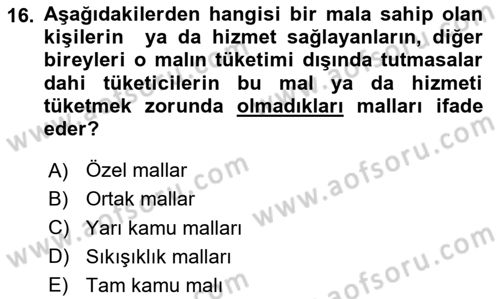 Doğal Kaynaklar ve Çevre Ekonomisi Dersi 2025 - 2026 Yılı (Vize) Ara Sınav Soruları 16. Soru