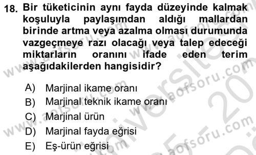 Doğal Kaynaklar ve Çevre Ekonomisi Dersi 2025 - 2026 Yılı (Vize) Ara Sınav Soruları 18. Soru