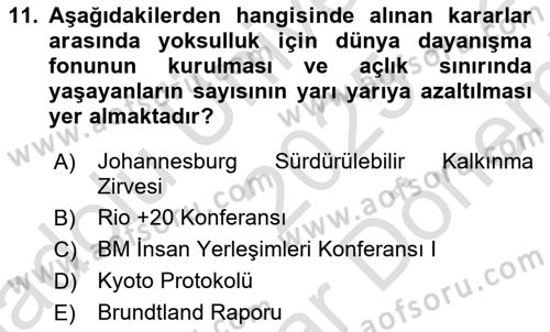 Doğal Kaynaklar ve Çevre Ekonomisi Dersi 2025 - 2026 Yılı (Final) Dönem Sonu Sınav Soruları 11. Soru