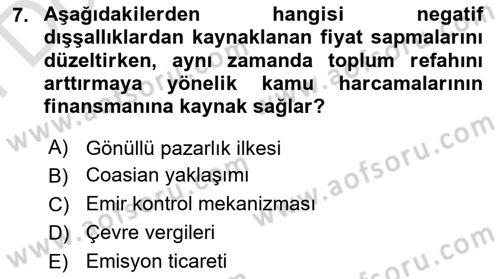 Doğal Kaynaklar ve Çevre Ekonomisi Dersi 2025 - 2026 Yılı (Final) Dönem Sonu Sınav Soruları 7. Soru