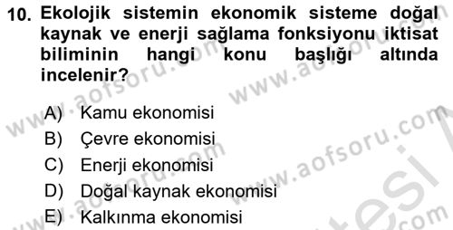 Doğal Kaynaklar ve Çevre Ekonomisi Dersi 2025 - 2026 Yılı Yaz Okulu Sınav Soruları 10. Soru