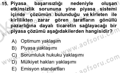Doğal Kaynaklar ve Çevre Ekonomisi Dersi 2025 - 2026 Yılı Yaz Okulu Sınav Soruları 15. Soru