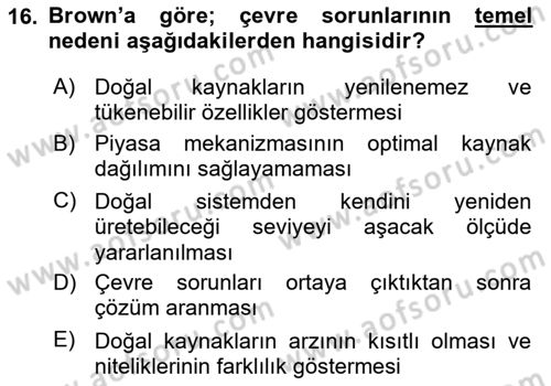 Doğal Kaynaklar ve Çevre Ekonomisi Dersi 2025 - 2026 Yılı Yaz Okulu Sınav Soruları 16. Soru