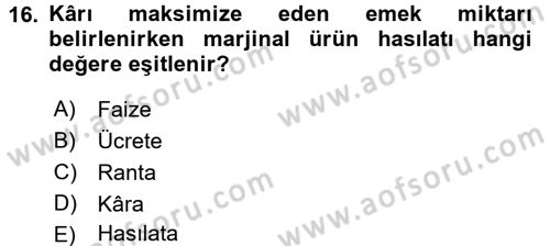 Mikro İktisat Dersi 2018 - 2019 Yılı 3 Ders Sınavı 16. Soru