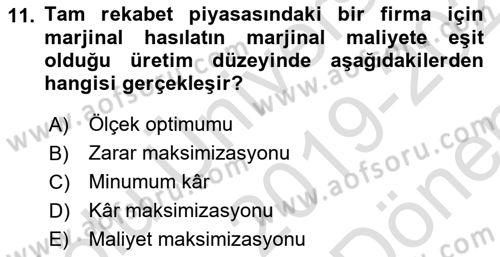 Mikro İktisat Dersi 2019 - 2020 Yılı (Final) Dönem Sonu Sınav Soruları 11. Soru