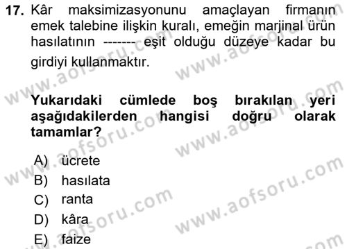 Mikro İktisat Dersi 2019 - 2020 Yılı (Final) Dönem Sonu Sınav Soruları 17. Soru