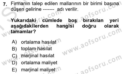 Mikro İktisat Dersi 2019 - 2020 Yılı (Final) Dönem Sonu Sınav Soruları 7. Soru