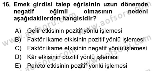 Mikro İktisat Dersi 2020 - 2021 Yılı Yaz Okulu Sınavı 16. Soru