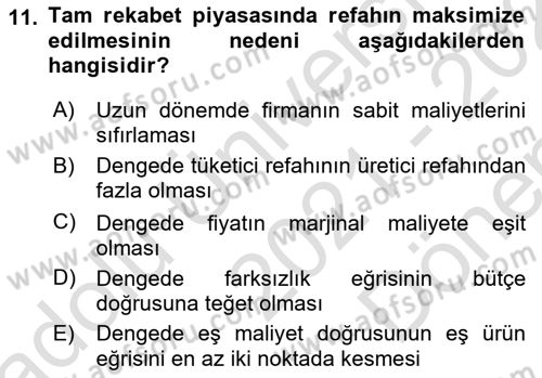 Mikro İktisat Dersi 2021 - 2022 Yılı (Final) Dönem Sonu Sınavı 11. Soru