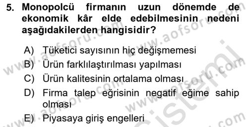 Mikro İktisat Dersi 2021 - 2022 Yılı (Final) Dönem Sonu Sınav Soruları 5. Soru