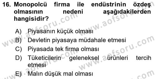Mikro İktisat Dersi 2023 - 2024 Yılı Yaz Okulu Sınav Soruları 16. Soru