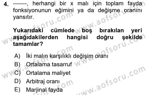 Mikro İktisat Dersi 2023 - 2024 Yılı Yaz Okulu Sınav Soruları 4. Soru