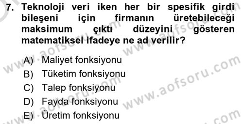 Mikro İktisat Dersi 2023 - 2024 Yılı Yaz Okulu Sınav Soruları 7. Soru